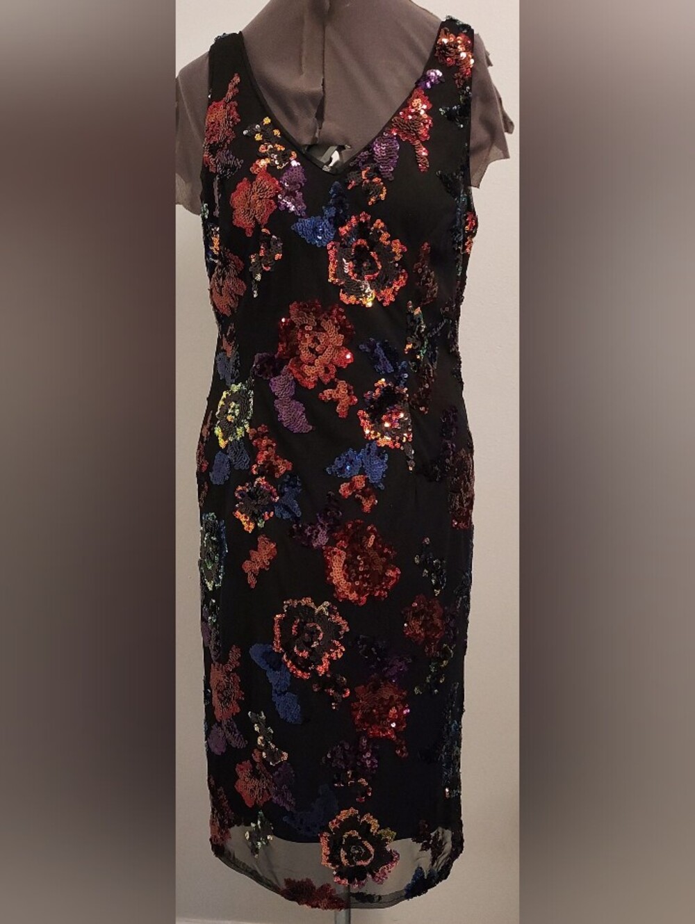 Alex Evenings Black Strapless Dress with Multicolor Sequin Floral Motif